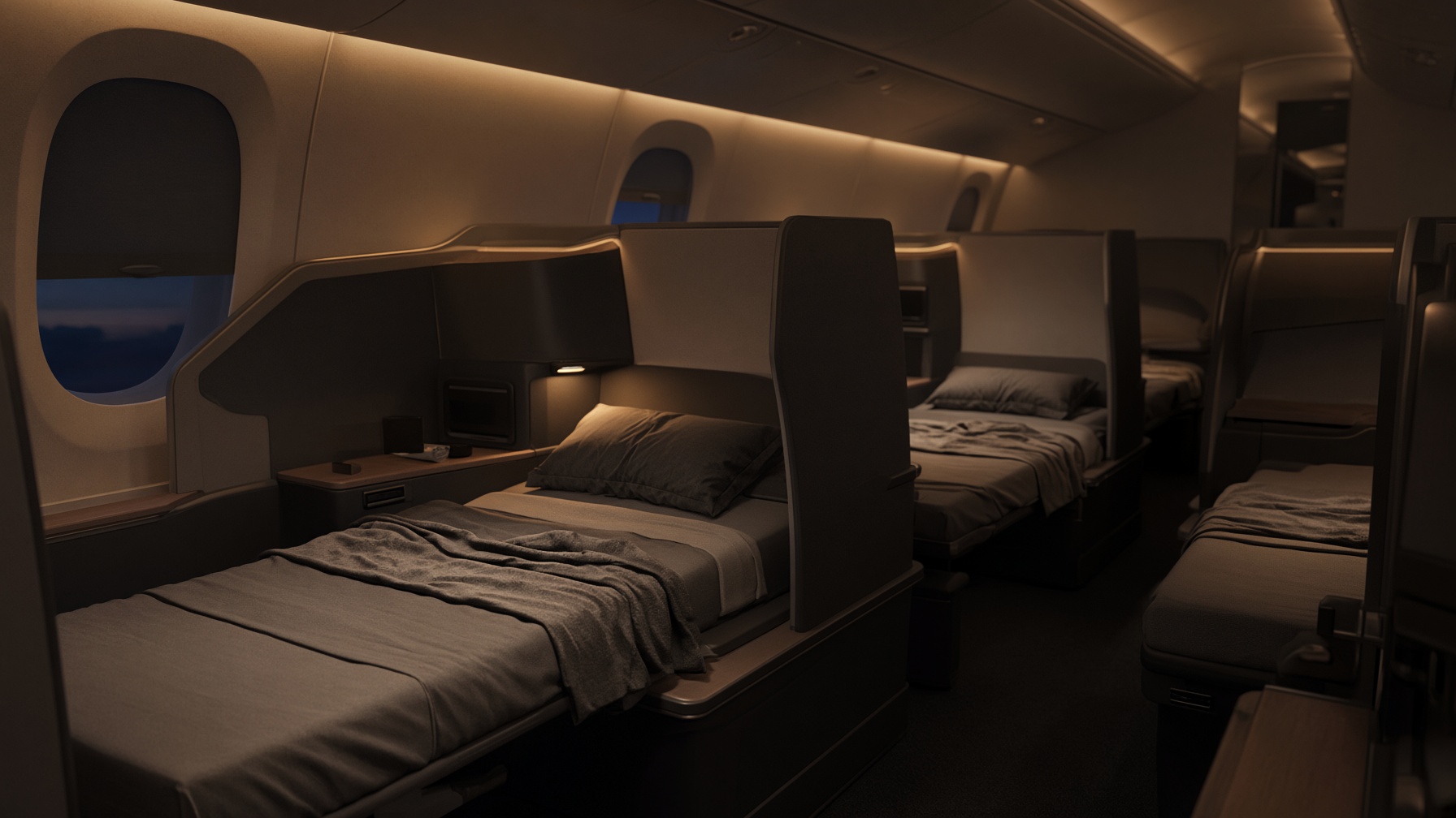Business class cabin seating on a long-haul flight to Melbourne