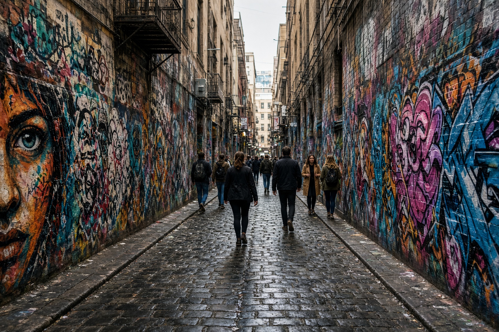 Melbourne laneways with colourful street art in Hosier Lane