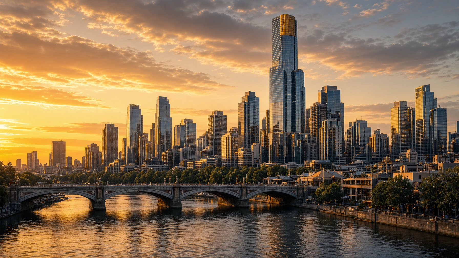 Melbourne skyline and city centre at sunset across the Yarra River