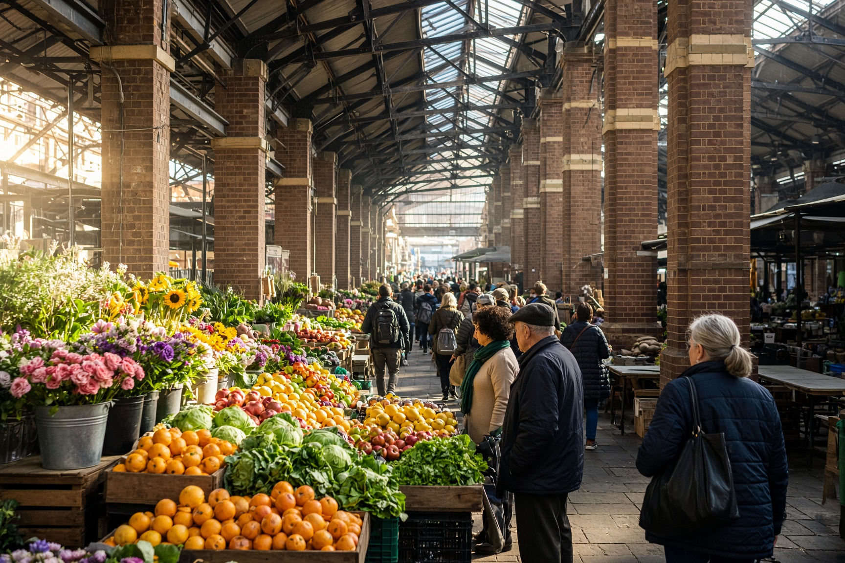 Queen Victoria Market stalls with fresh produce in Melbourne