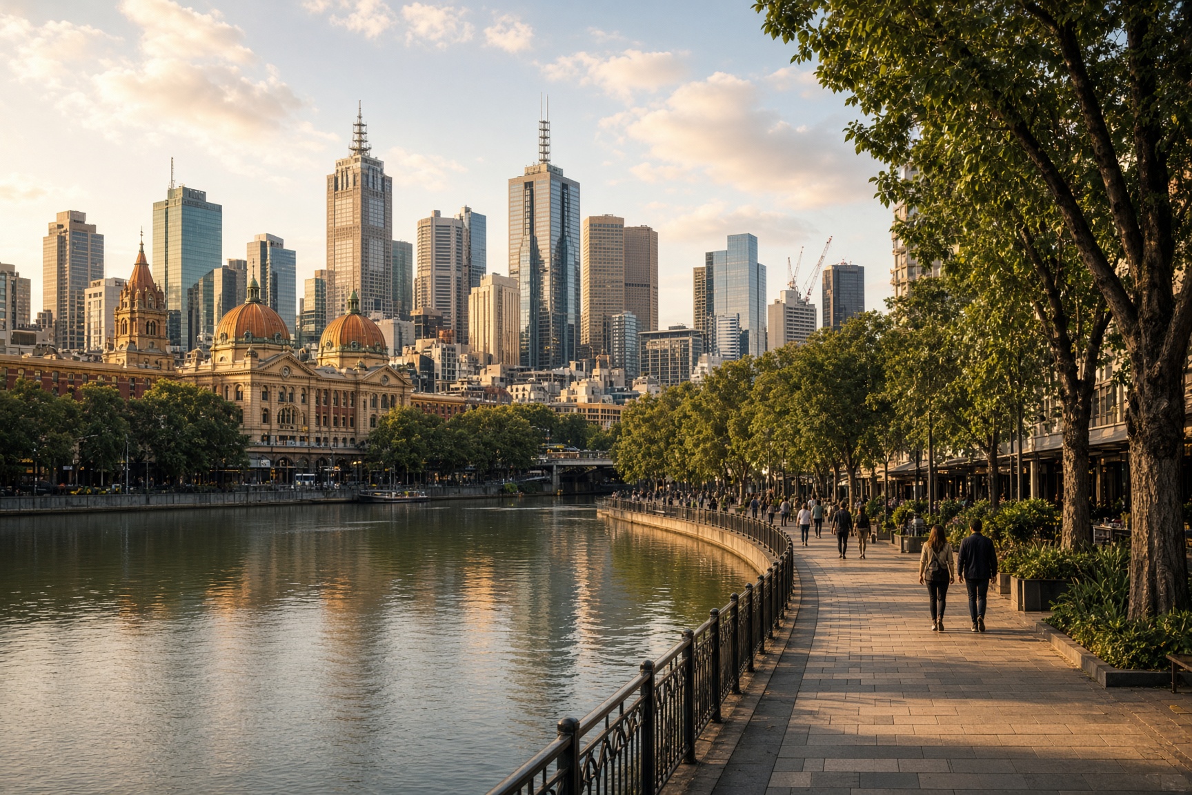 Yarra River in Melbourne with the city skyline beyond the promenade